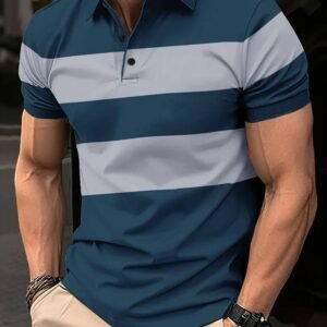 Men's Striped Polo Neck T-Shirt – Teal Blue